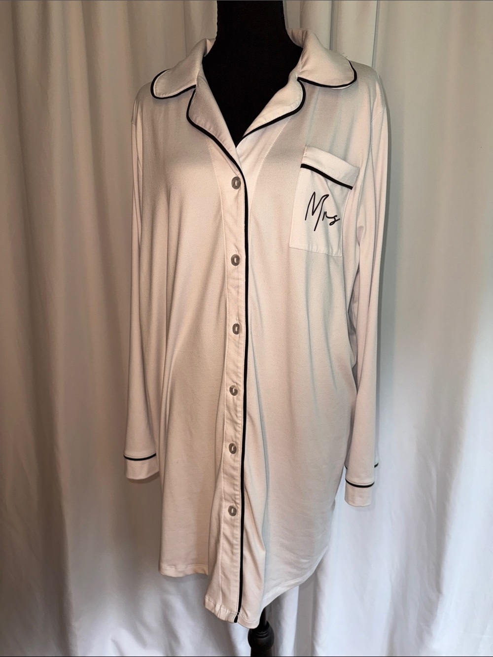 Mrs. Embroidered White Nightshirt with Black Piping